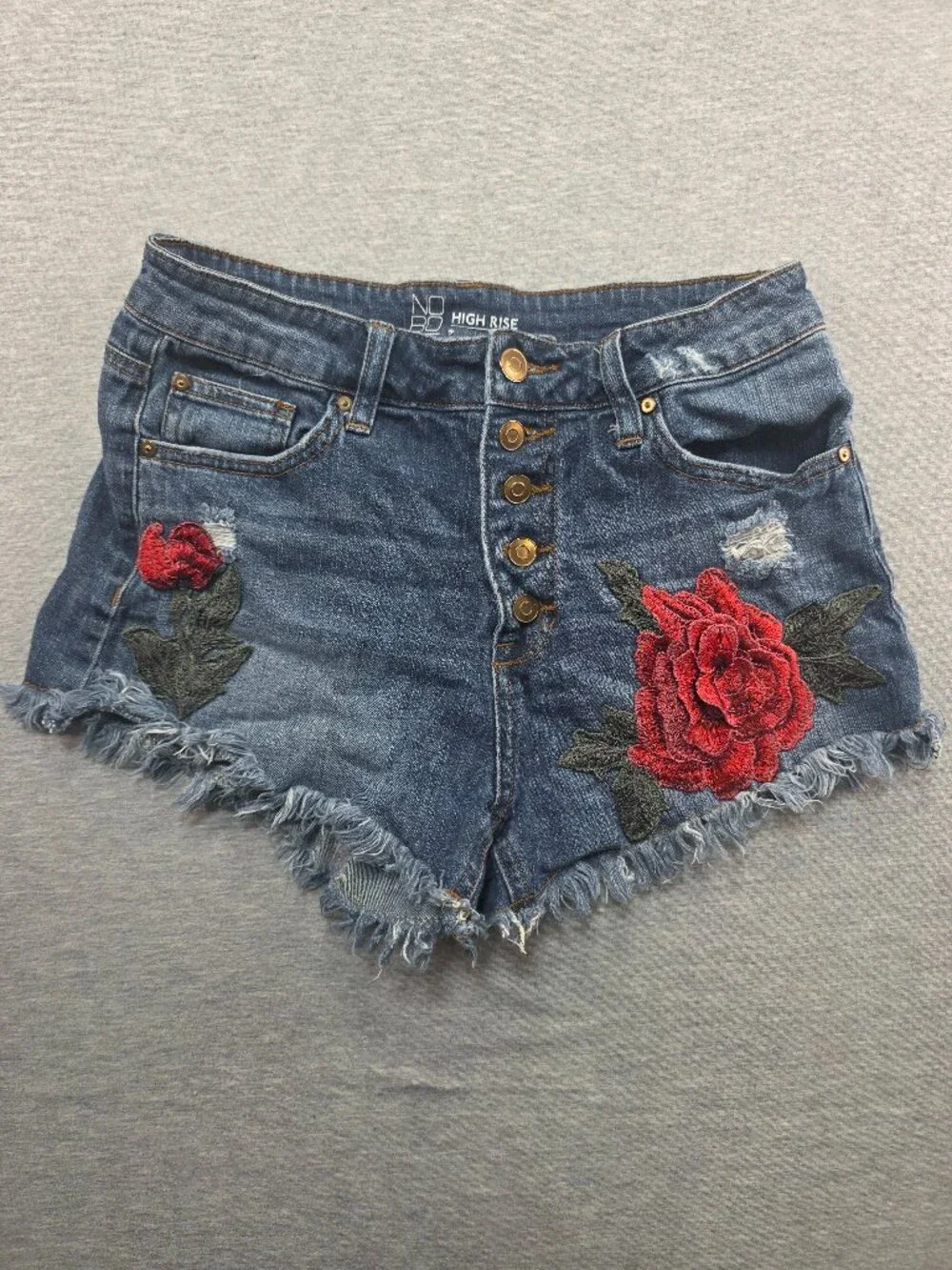 NOBO High Rise Denim Shorts Embroidered Rose Distressed Frayed Size 9
